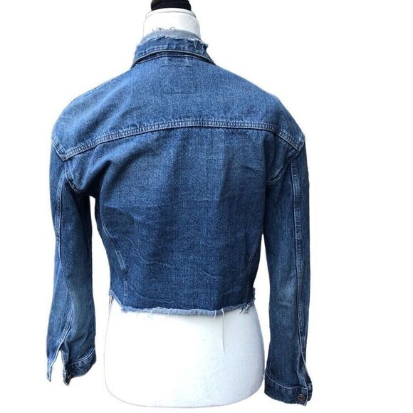 Trafaluc Zara Denim Jacket Distressed Blue Jean Jacket Medium Wash Womens Small - Picture 3 of 5